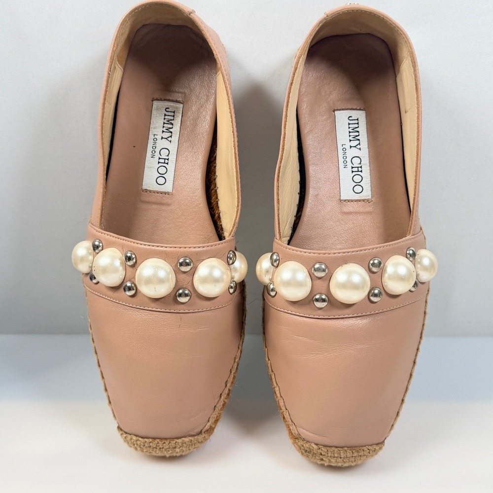 Jimmy Choo Blush Dru Leather Pearl Studded Espadrille Flats Pink Womens 36 6